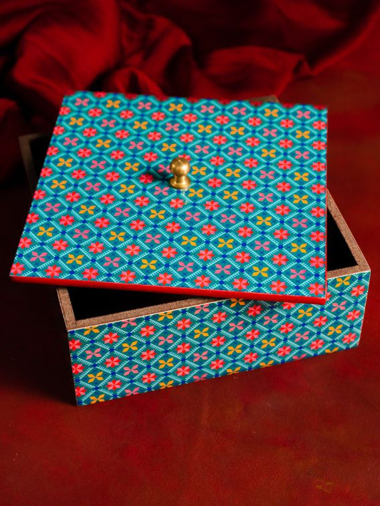 The Pitara Project Box Wooden Printed Deco Teal and Pink