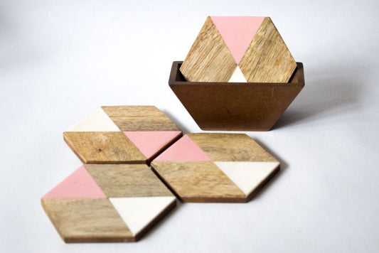 The Pitara Project Wooden Coaster - Pink Hexagon