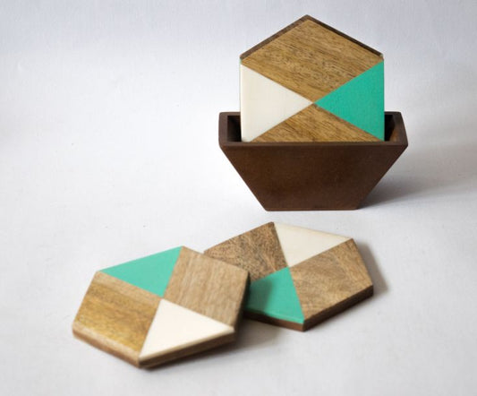 The Pitara Project Wooden Coaster - Green Hexagon