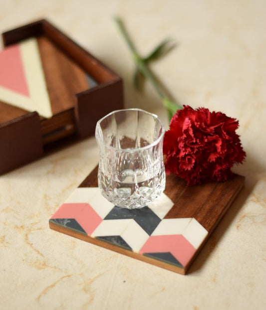 The Pitara Project Wooden Chevron Coasters - Rose Pink