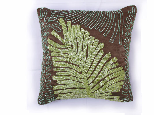 Beaded Cushion Cover - Green & Brown (Set of 1)