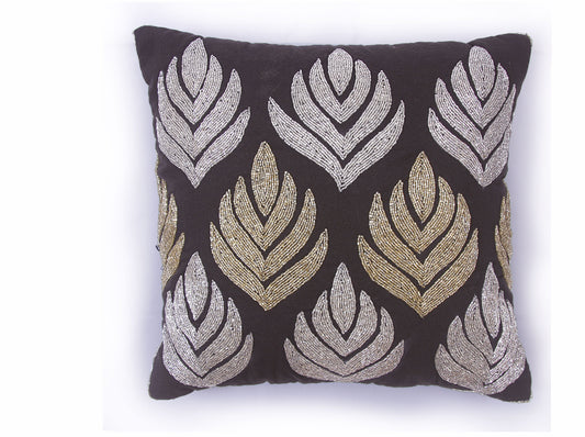 Beaded Cushion Cover -  Black, Silver, & Gold (Set of 1)