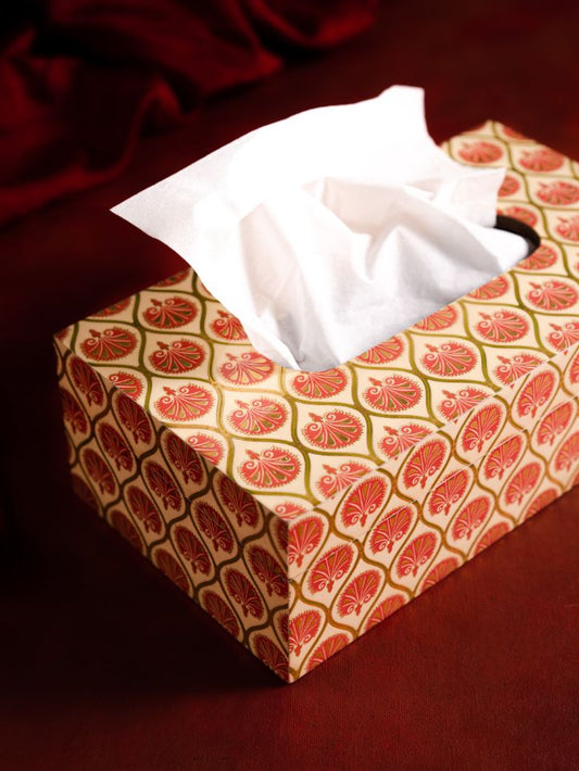 The Pitara Project Tissue Box Wooden Printed Moroccan Red and Gold Motif