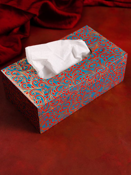 The Pitara Project Tissue Box Wooden Printed Paisley Blue and Gold
