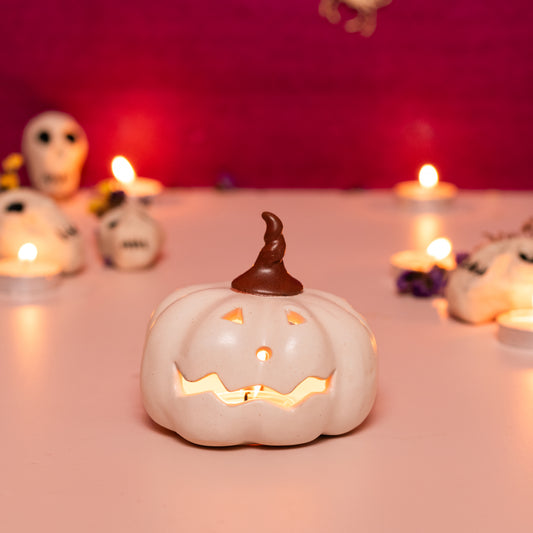 The Orby House White Spooky Pumpkin face Tealight Candle Holder