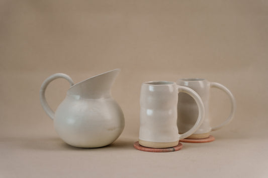 The Orby House Ceramic Pitcher and Uneven Beer Mugs set, Matte White